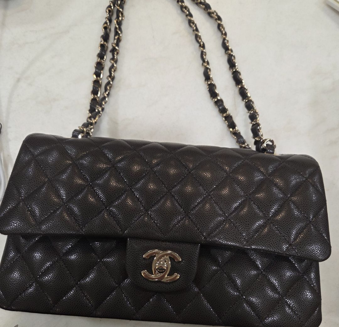 Chanel Dark Brown Caviar Quilted Gold-Tone Metal Classic 11.12 Handbag