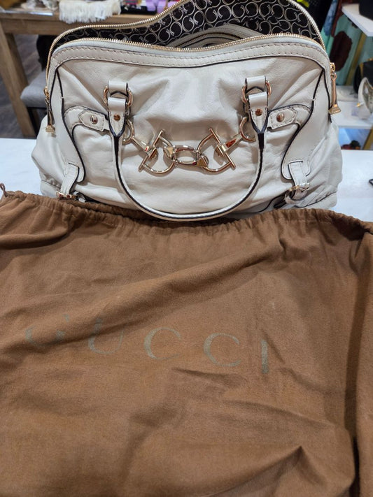 Gucci Ivory Leather Horsebit Nail Boston Handbag, Medium