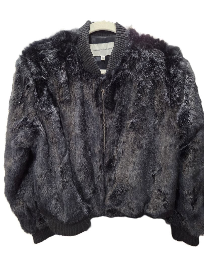 Cupcakes and Cashmere Black Faux Fur Bomber Jacket, L