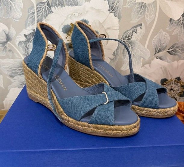 Stuart Weitzman Denim Blue Mirela Denim Espadrille NWT Wedge Sandals, 9