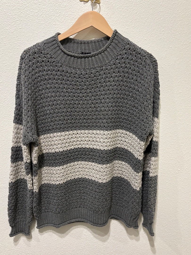 Knot Sisters Reese Gray and Cream Striped Chunky Knit Sweater, S