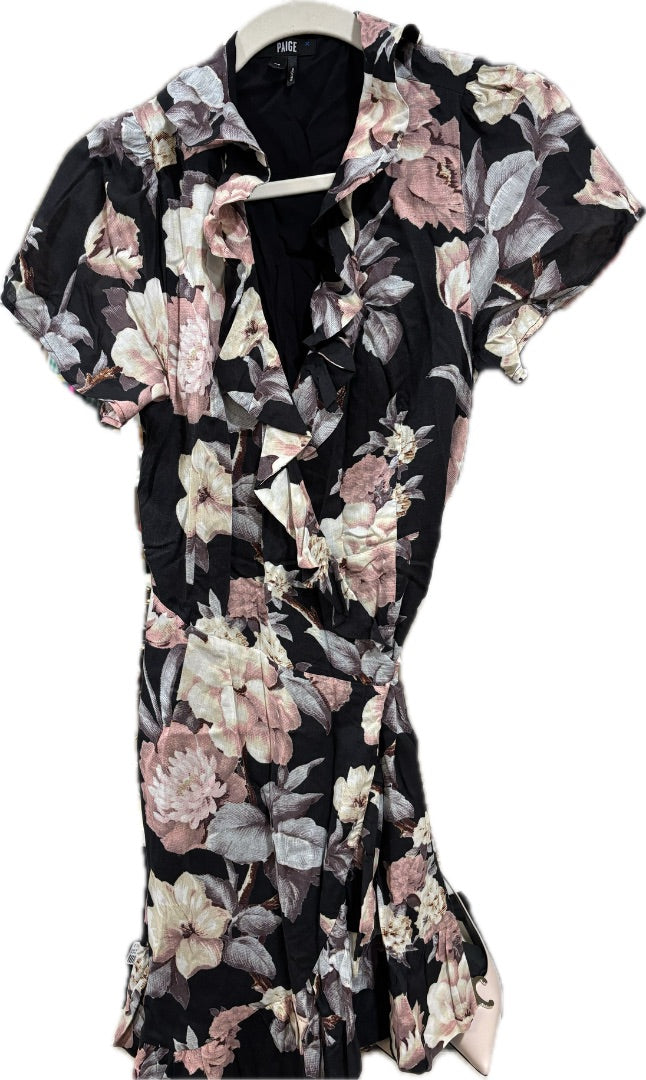 Paige Black & Pink Ruffle Floral Mini Wrap Dress, XS