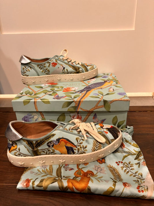 Aquazzura Firenze Teal Multi-color Amazonia De Gournay Jacquard Sneakers, 39