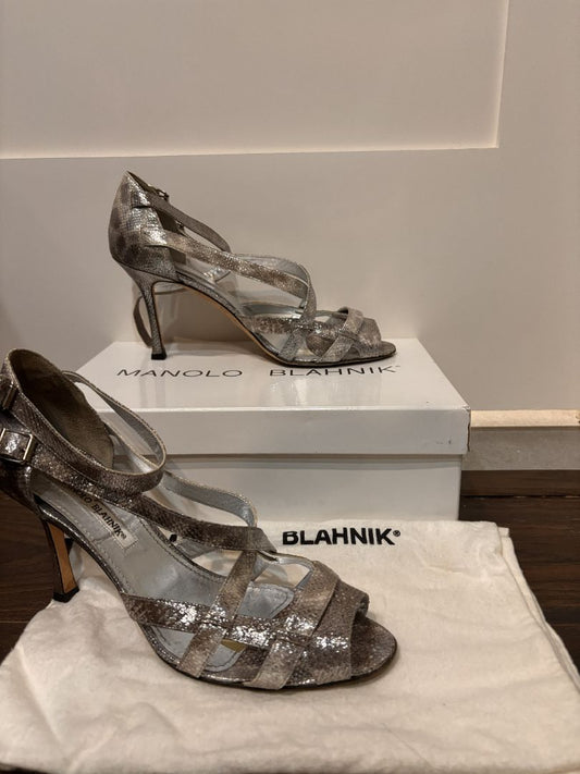 Manolo Blahnik Silver Metallic Leather Snake Print Heeled Sandals, 39.5