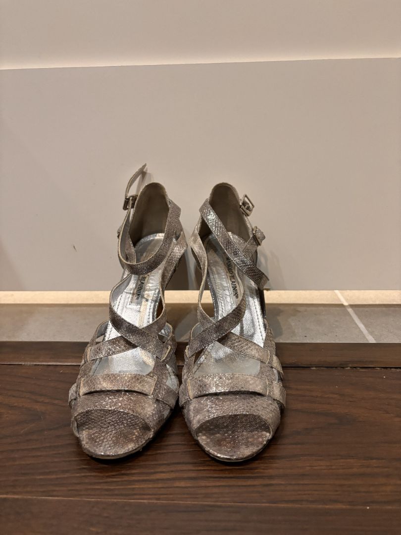 Manolo Blahnik Silver Metallic Leather Snake Print Heeled Sandals, 39.5
