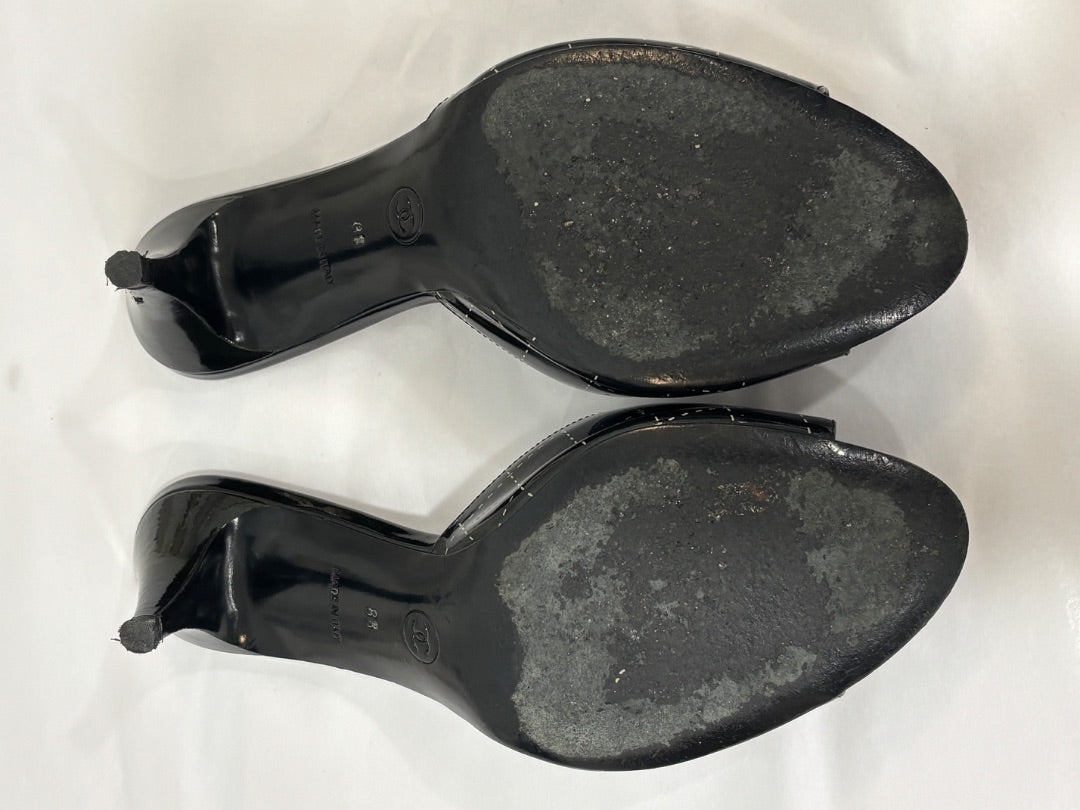 Chanel Black Patent Leather Quilted Pattern Metal Logo Sandals, 38