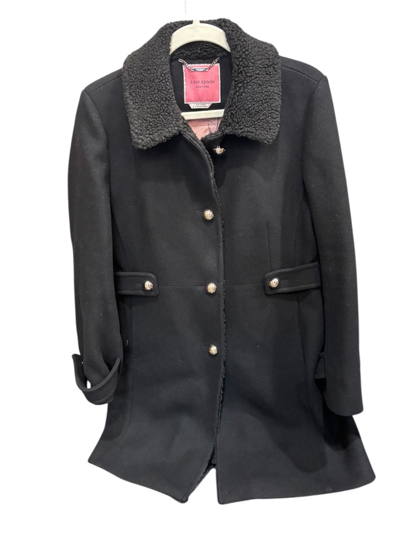 Kate Spade Black Single Breasted Twill Sherpa Trim Coat, L