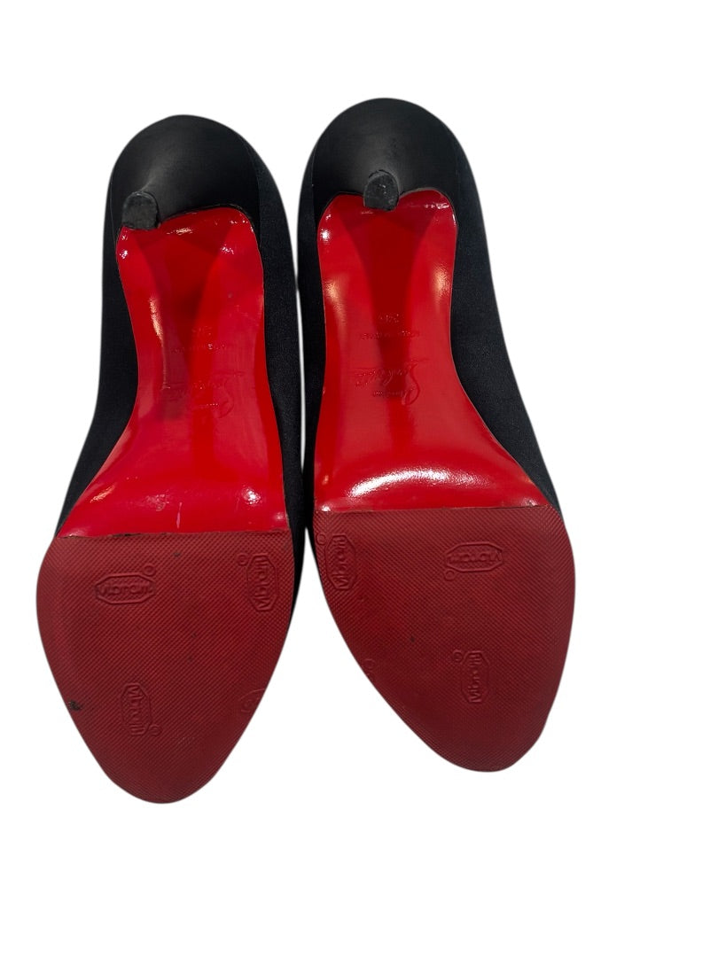 Christian Louboutin Black Satin Peep Toe Stiletto Heels, 6