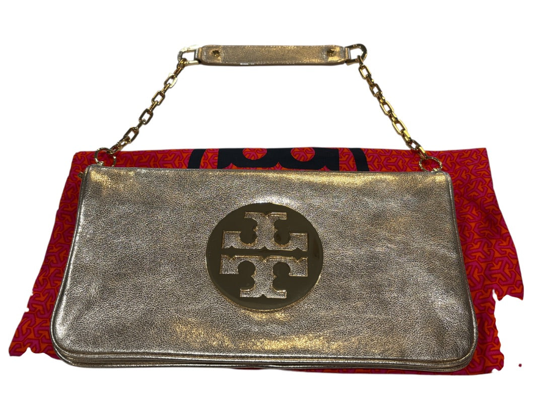 Tory Burch Gold Reva Metallic Leather Clutch