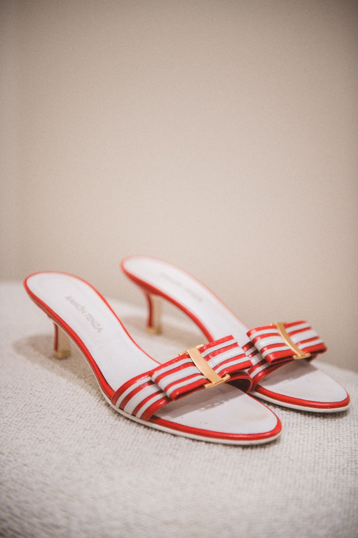 Ramon Tenza Red & White Gold Buckle Kitten Heel Slides, 7.5
