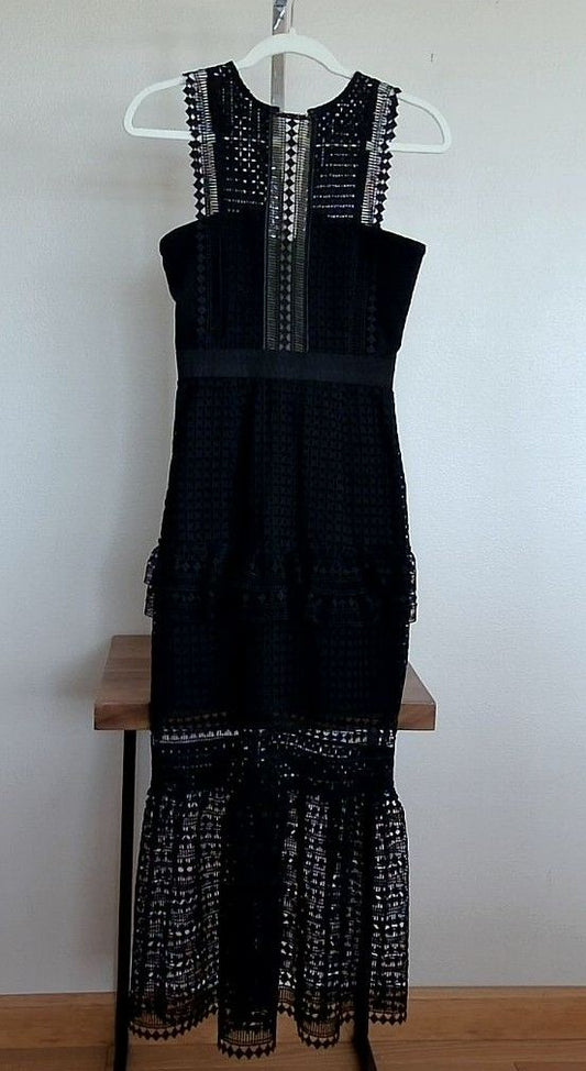 Self-Portrait Black Guipure Lace Ruffled Midi Dress, 2, NWT