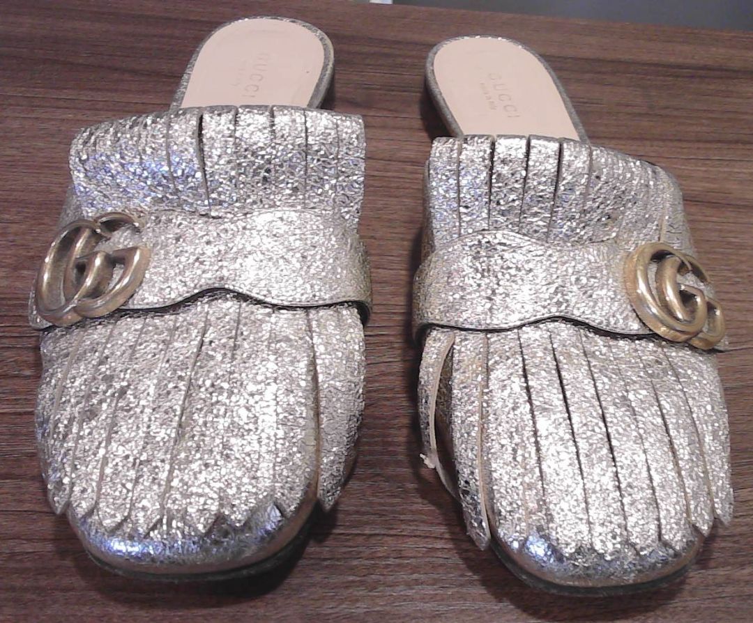 Gucci Marmont Gold Embellished Leather Mule Slides, 38