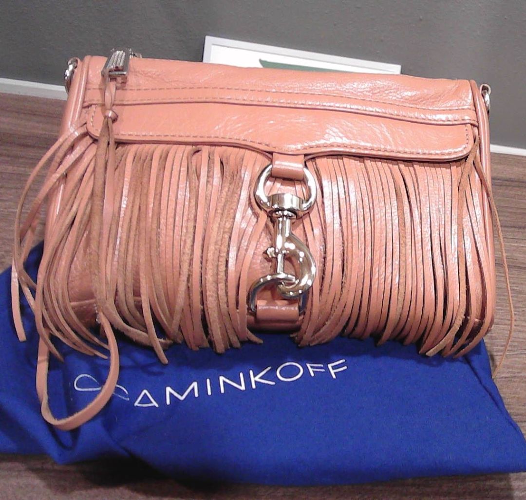 Rebecca Minkoff Tan Leather Fringe Mini Mac Crossbody Bag with Detachable Cloth or Chain Straps