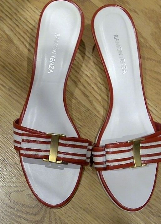 Ramon Tenza Red & White Gold Buckle Kitten Heel Slides, 7.5