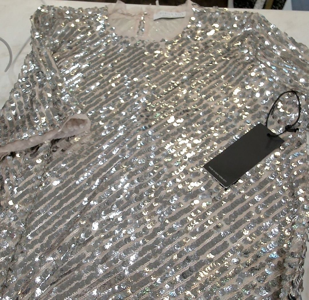 Hunter Bell New York Silver Gigi Sequin Short Sleeve Top, S