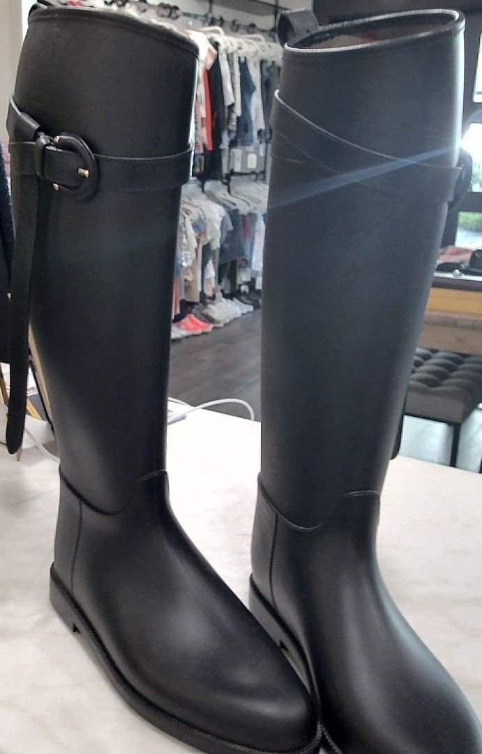 Burberry Black Rubber Tall Check Boots, 38