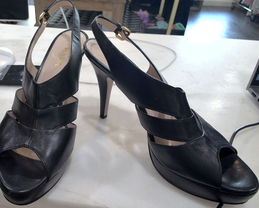 Prada Black Leather Slingback Buckle Heeled Sandals, 39.5