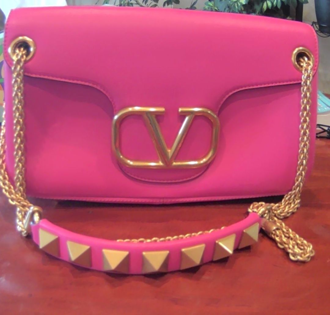 Valentino Garavani Hot Pink Sign V-Logo Leather Rock Stud Shoulder Bag