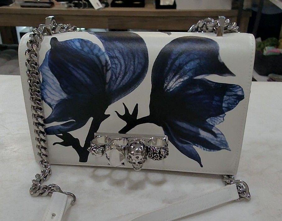 Alexander McQueen White Flower Printed Jewelled Knuckle Satchel Handbag, None