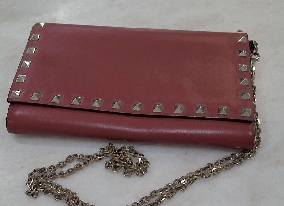 Valentino Garavani Red Leather Rockstud Wallet on Chain