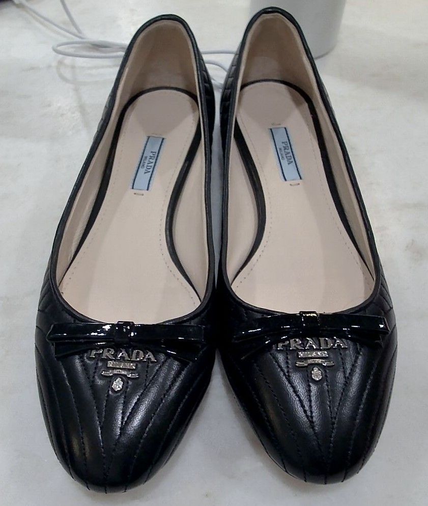 Prada Black Embellished Leather Ballerina Shoes, 39