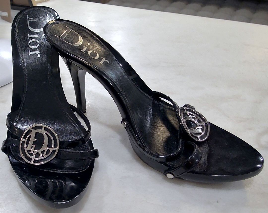 Christian Dior Black Patent Leather Sandal Heel, 38.5