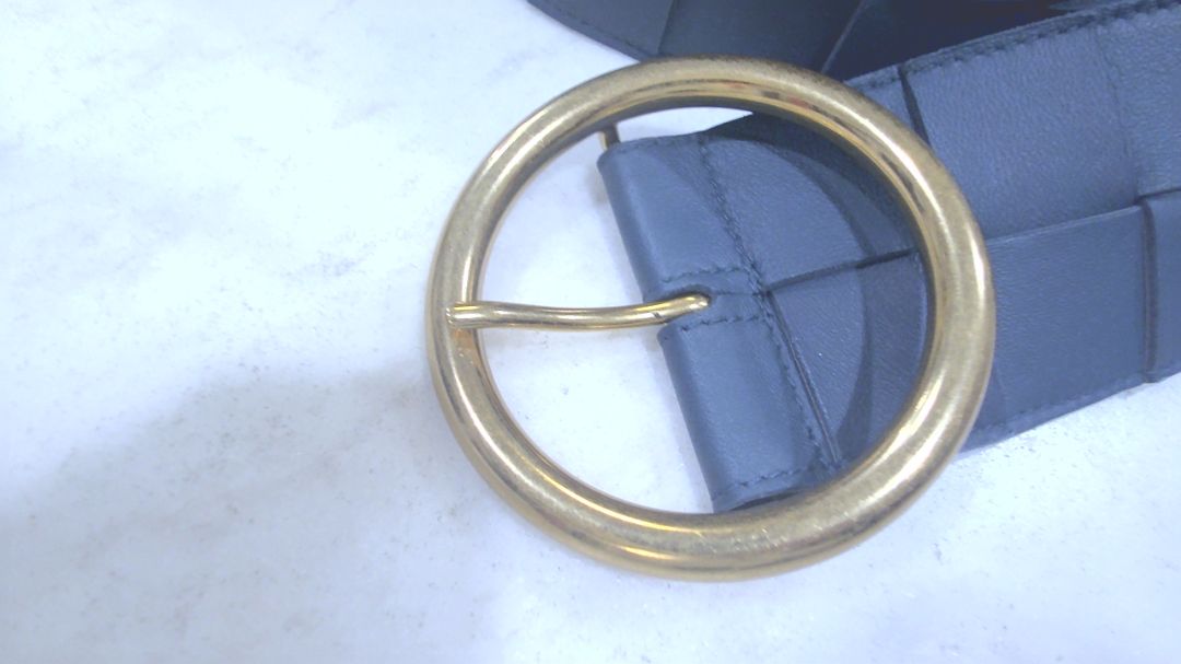 Bottega Veneta Dark Teal Intrecciato Leather Circular Wide Buckle Belt, S/M 32"