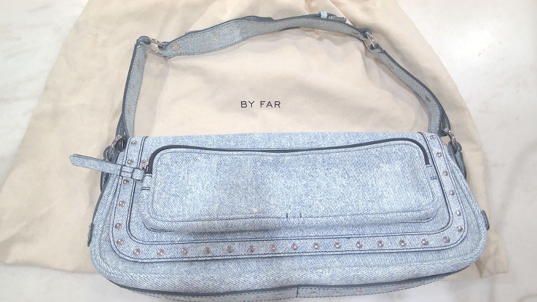 By Far Blue Maddy 100% Goat Skin Studded Shoulder Bag