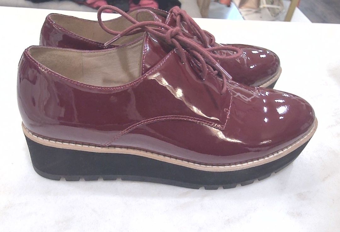Eileen Fisher Burgundy Eddy Patent Leather Platform Oxfords, 8.5