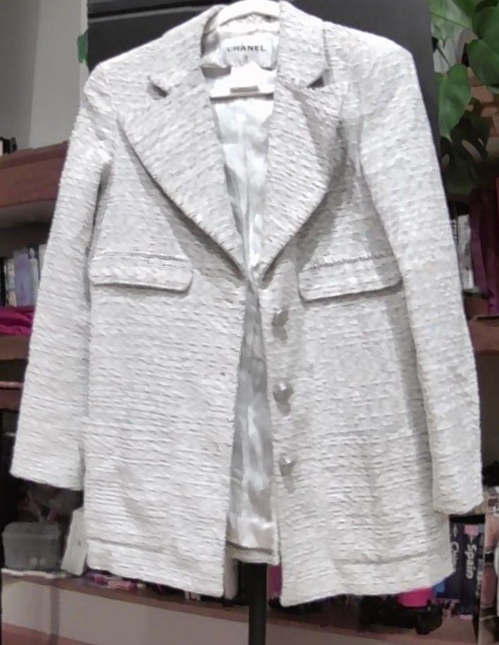 Chanel White Black Interlocking CC Logo Button Closure Jacket, 42