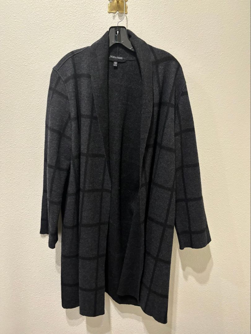 Eileen Fisher Black 100% Wool Check Coat, XL