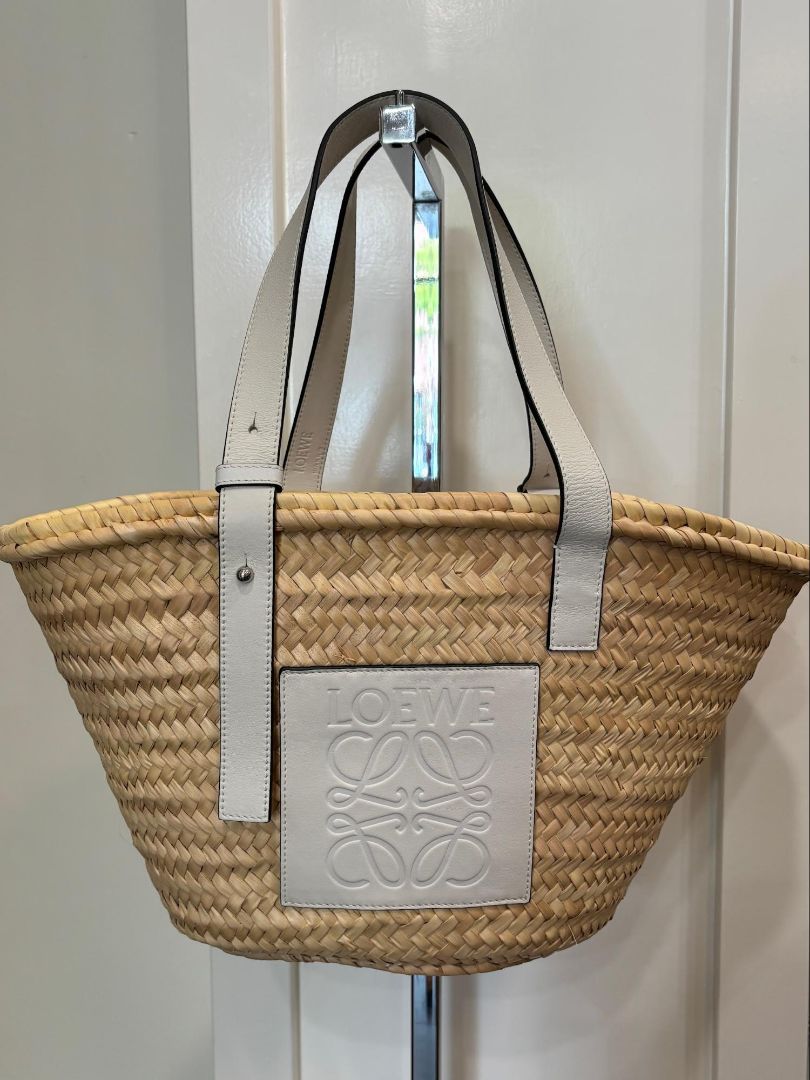 Loewe Straw Raffia White Leather Detail Basket Bag