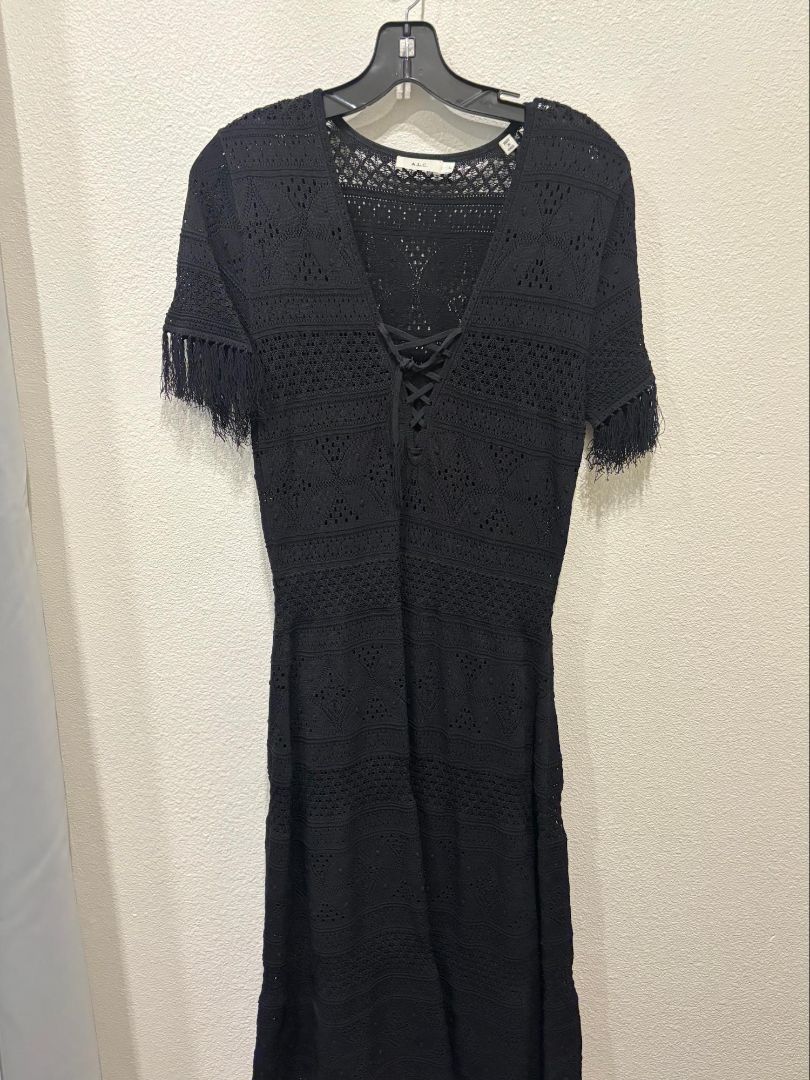 A.L.C. Black Crochet Fringe Sleeves Midi Dress, L