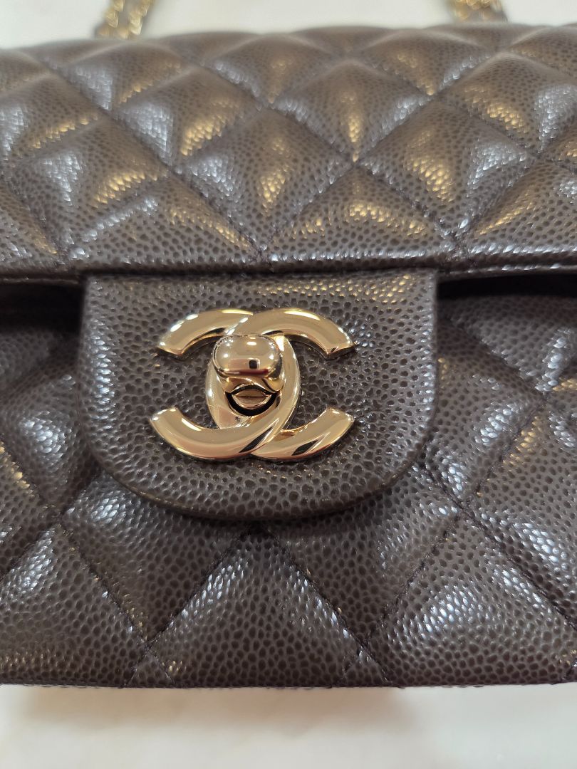 Chanel Dark Brown Caviar Quilted Gold-Tone Metal Classic 11.12 Handbag
