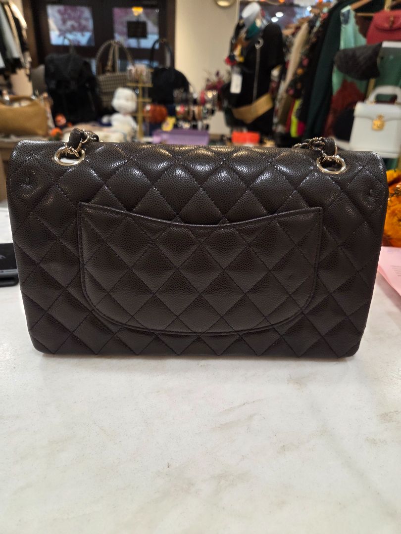 Chanel Dark Brown Caviar Quilted Gold-Tone Metal Classic 11.12 Handbag