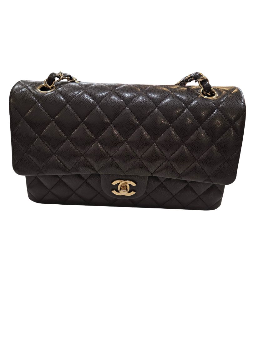 Chanel Dark Brown Caviar Quilted Gold-Tone Metal Classic 11.12