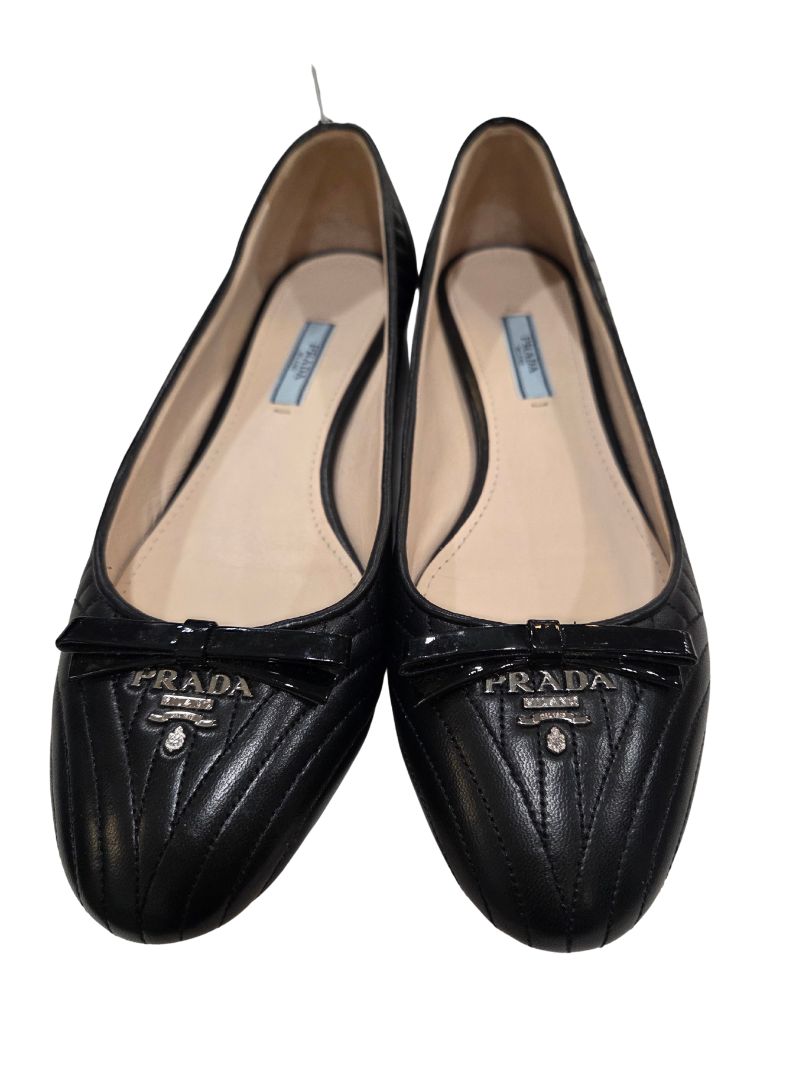 Prada Black Embellished Leather Ballerina Shoes, 39