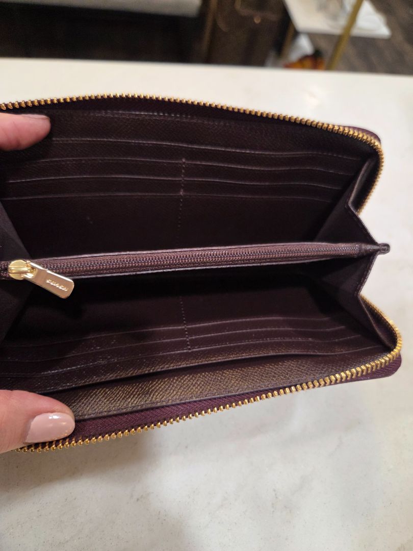 Coach Tan Zip-Around Purple Stripe Wallet