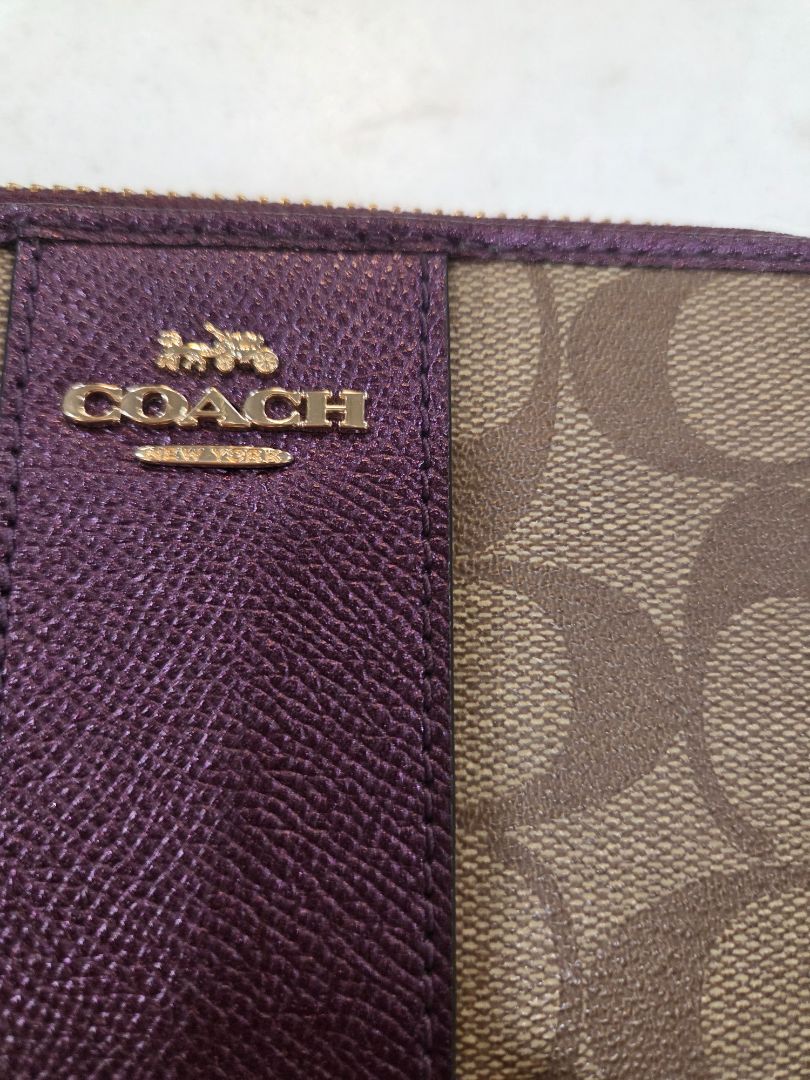 Coach Tan Zip-Around Purple Stripe Wallet