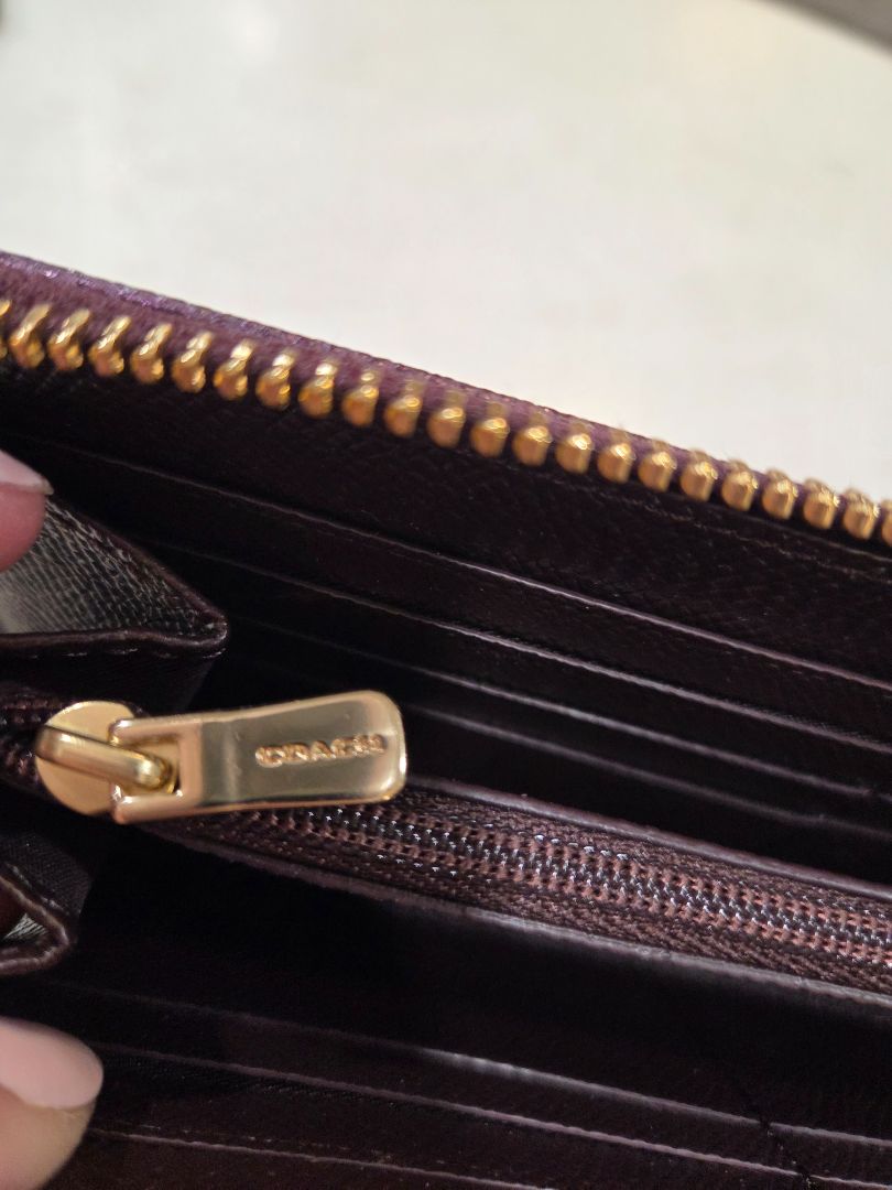 Coach Tan Zip-Around Purple Stripe Wallet