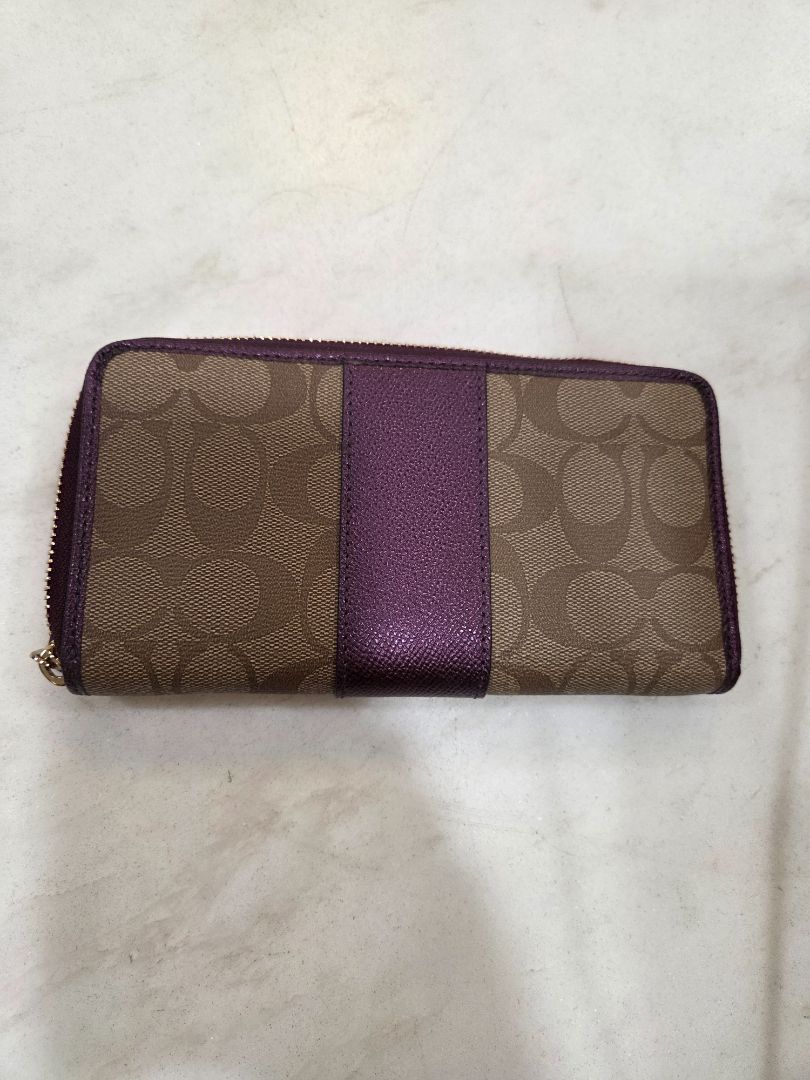 Coach Tan Zip-Around Purple Stripe Wallet