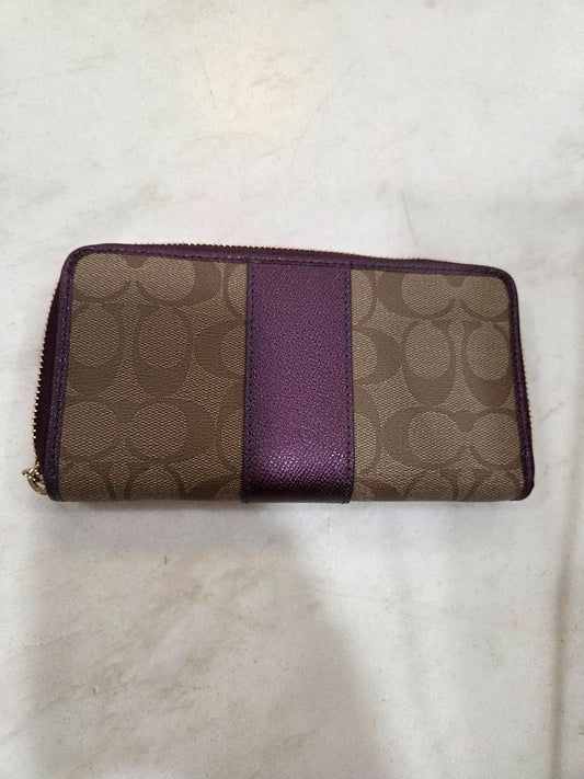 Coach Tan Zip-Around Purple Stripe Wallet