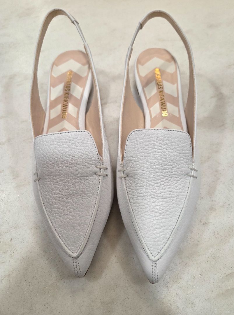 [Box in back] Nicholas Kirkwood White Beya Bottalato Slingback Flats, 36