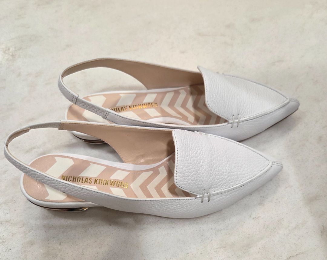 [Box in back] Nicholas Kirkwood White Beya Bottalato Slingback Flats, 36