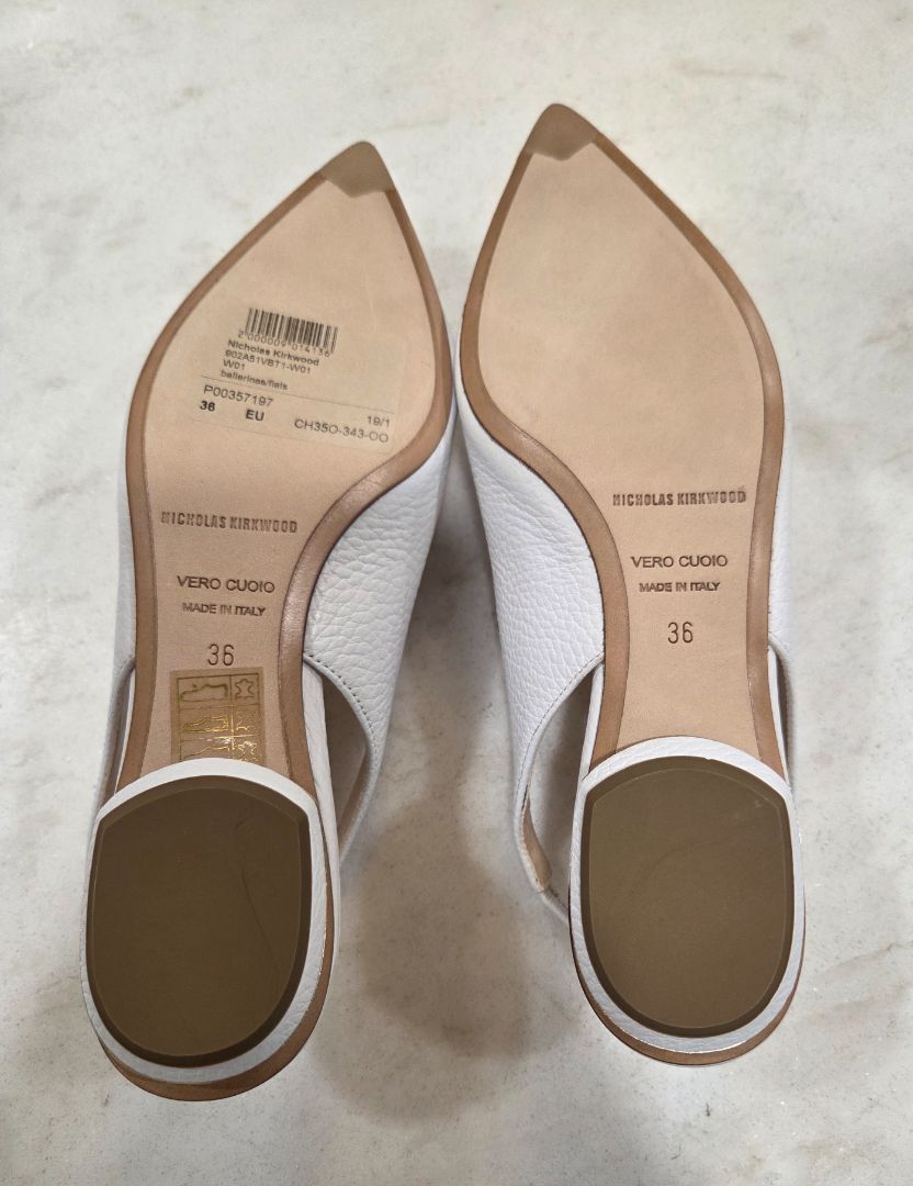 [Box in back] Nicholas Kirkwood White Beya Bottalato Slingback Flats, 36