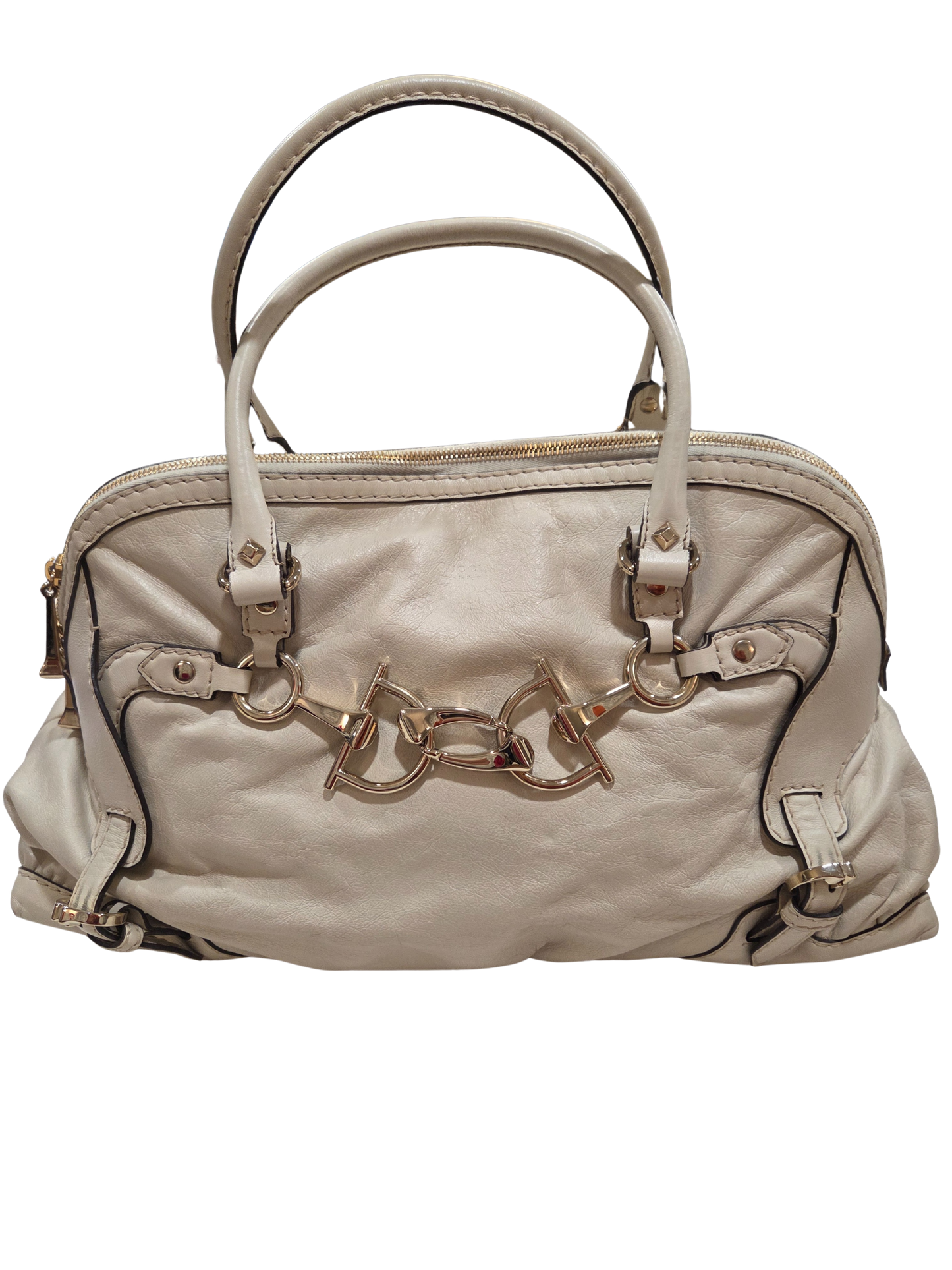 Gucci Ivory Leather Horsebit Nail Boston Handbag, Medium