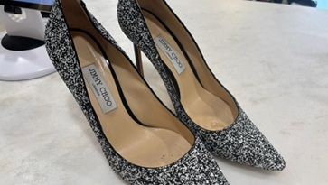 Jimmy Choo Black & White Romy 100 Pointy Toe Glitter Textured Heels, 40.5