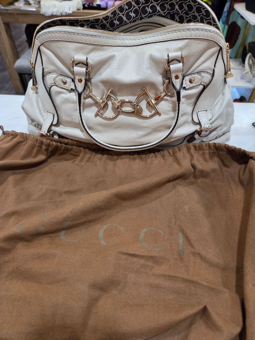 Gucci Ivory Leather Horsebit Nail Boston Handbag, Medium