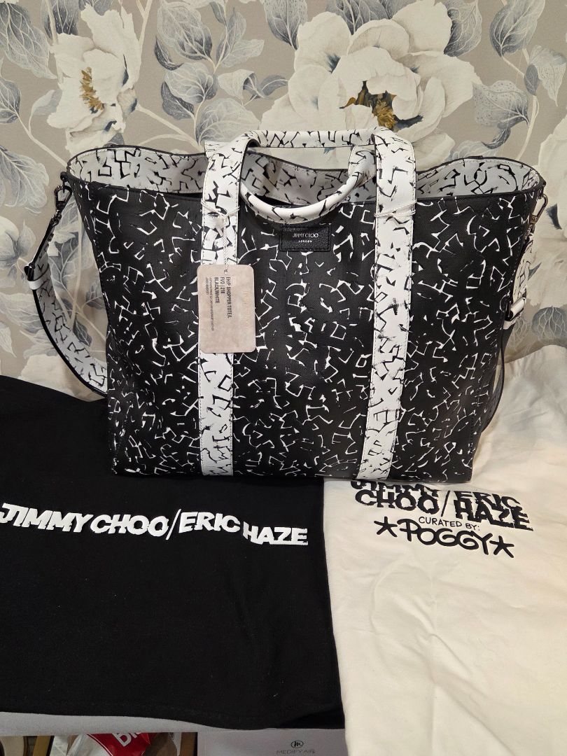 Jimmy Choo Black Eric Haze Graphic Print Shopper Tote NWT with Canvas Tote