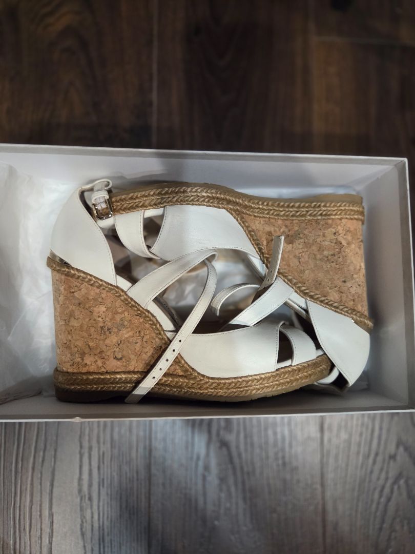 [Box in the back] Jimmy Choo Off White Alanah 105 Leather Wedge Sandals, 38.5